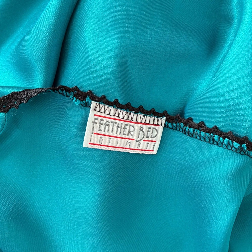 Vintage 80s Teal Satin Slip Dress Ruffle Hem Coquette Mini Nightgown Small - Picture 8 of 8